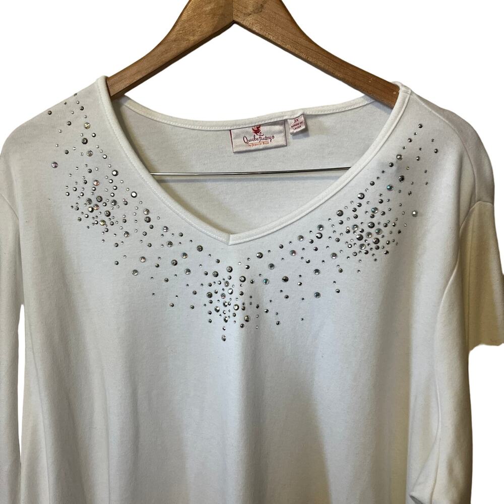 Quacker Factory Tunic White Knit Top Bejeweled Dressy Casual V Neck Spring 3X - Picture 2 of 8